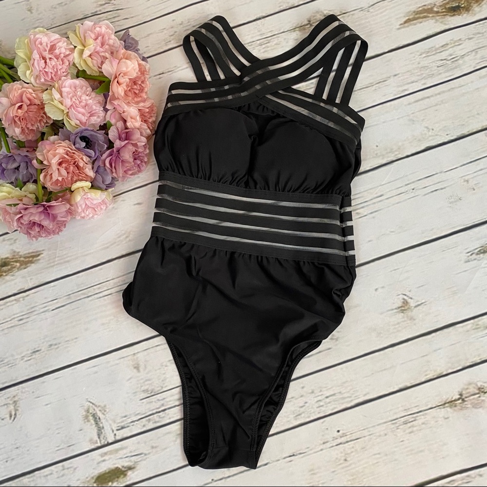 Black Criss Cross Striped Mesh One Piece Swimsuit - Picture 11 of 16